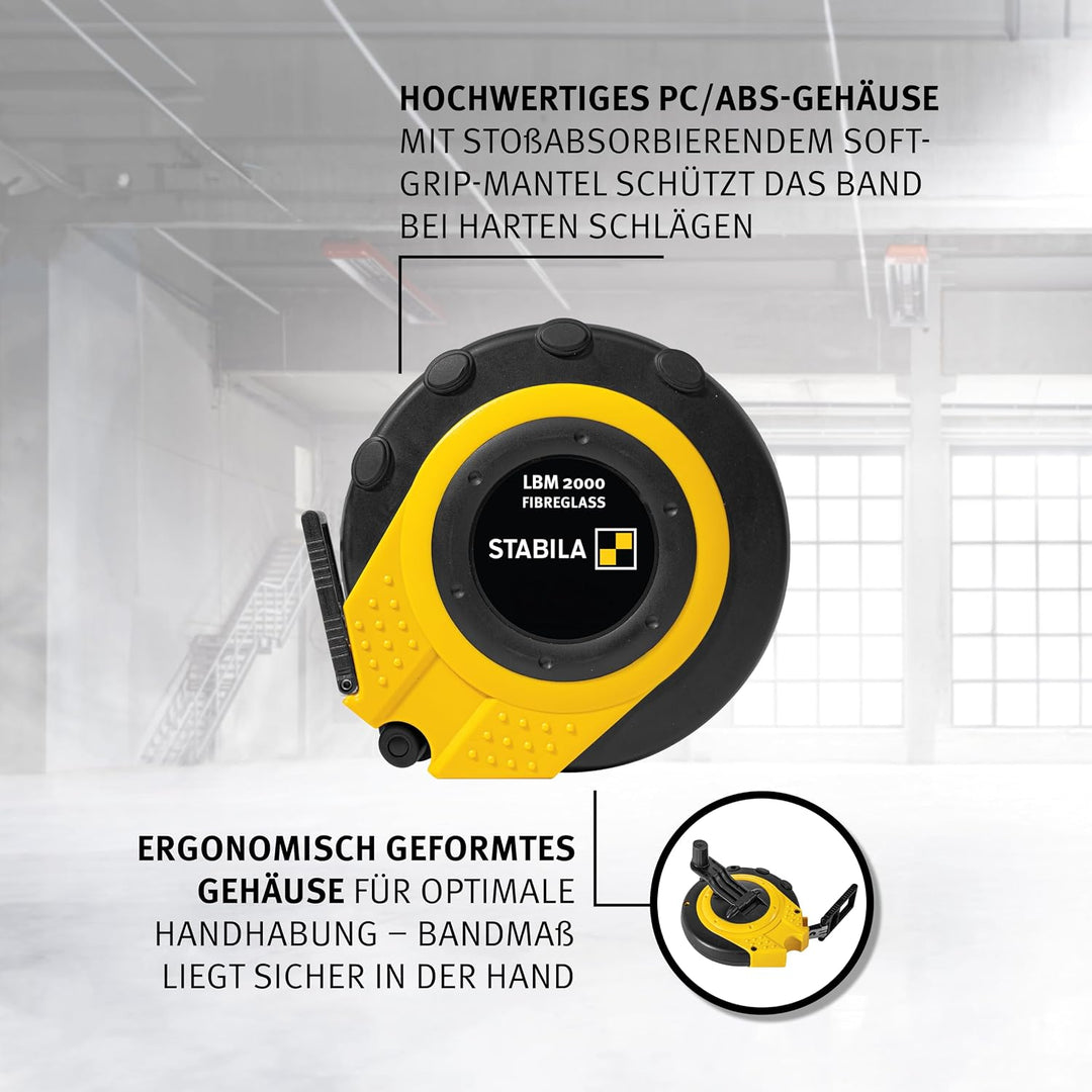 STABILA Kapselbandmass LBM 2000 FIBREGLASS, 30 m, Glasfaser-Messband mit metrischer Skala und Knicks