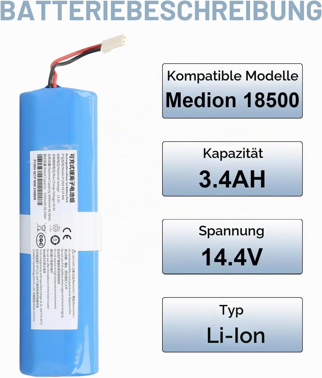 14,4 V 3400 mAh Lithium-Ionen-Akku kompatibel mit Medion MD13202 MD18500 MD18501 MD18600 MD19510 MD1