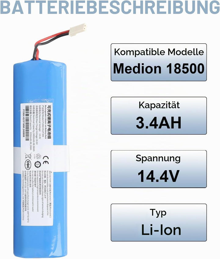 14,4 V 3400 mAh Lithium-Ionen-Akku kompatibel mit Medion MD13202 MD18500 MD18501 MD18600 MD19510 MD1