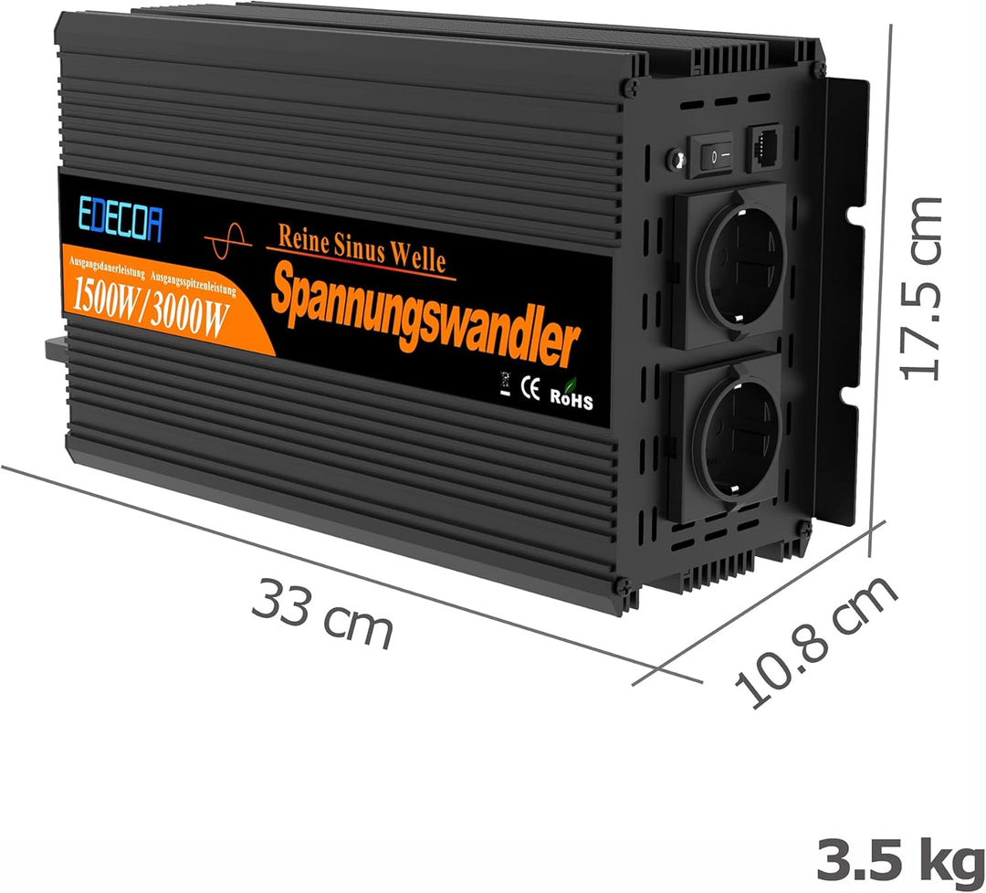 EDECOA Wechselrichter 12v 230v Reiner Sinus 1500w Spannungswandler mit Fernbedienung 1500w Pro, 1500
