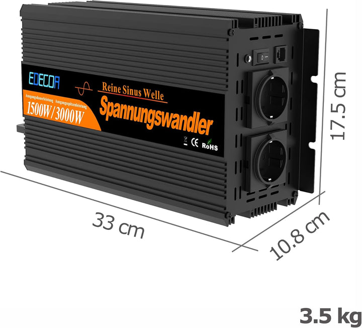 EDECOA Wechselrichter 12v 230v Reiner Sinus 1500w Spannungswandler mit Fernbedienung 1500w Pro, 1500