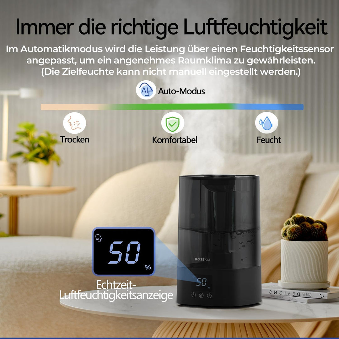 Automatischer Luftbefeuchter für Schlafzimmer & grosse Räume, 4,5L Kaltnebel-Befeuchter mit Timer &