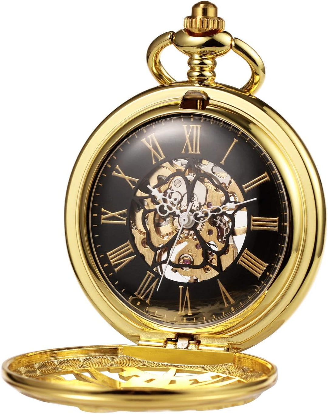 TREEWETO Unisex Taschenuhr mit Kette Analog Handaufzug Doppelscharnier Mechanisch Getriebe Skelett F