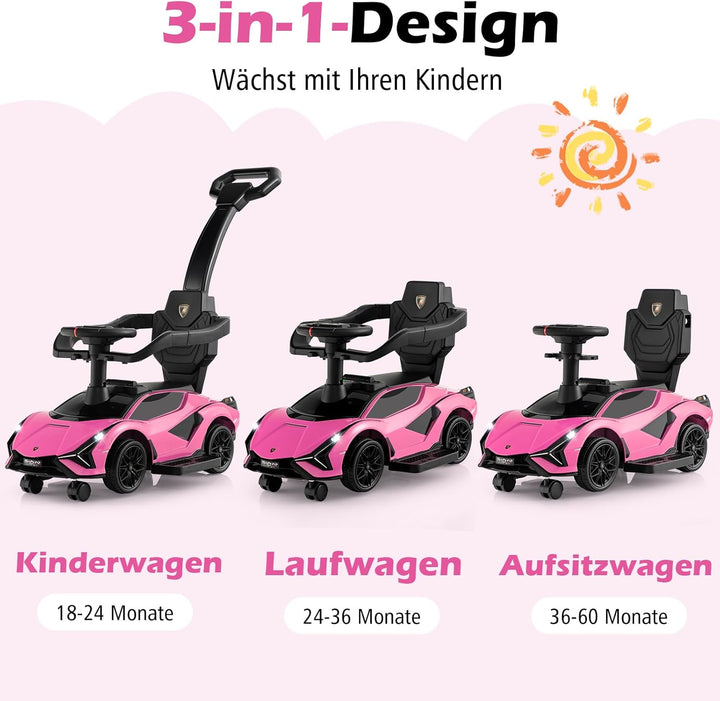 COSTWAY 3-in-1 Lamborghini Rutschauto, Schiebauto mit Scheinwerfern & Musik & Stauraum, Rutschfahrze