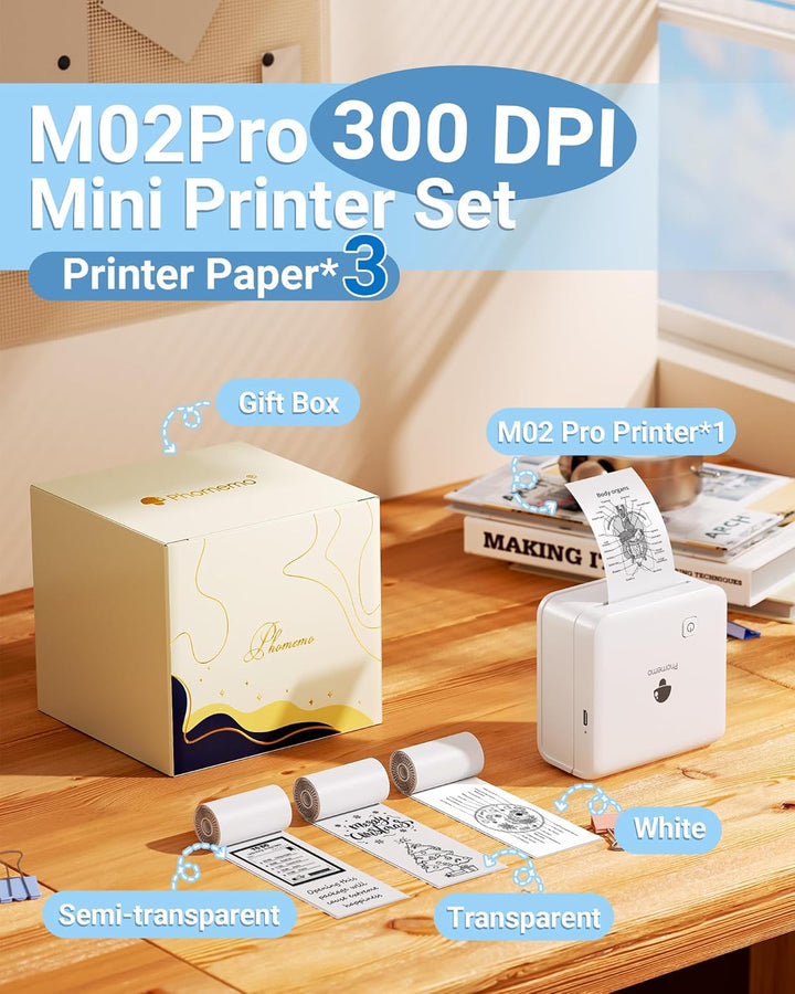 Phomemo M02 Pro Mini Drucker für Smartphone, Sticker Drucker 300 DPI Mini Thermodrucker Tiny Printer