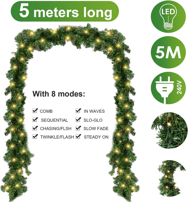 Yakimz 5m Weihnachtsgirlande, Künstliche Tannengirlande Grün mit 100 LEDs Warmweiss 8 Modus Lichterk