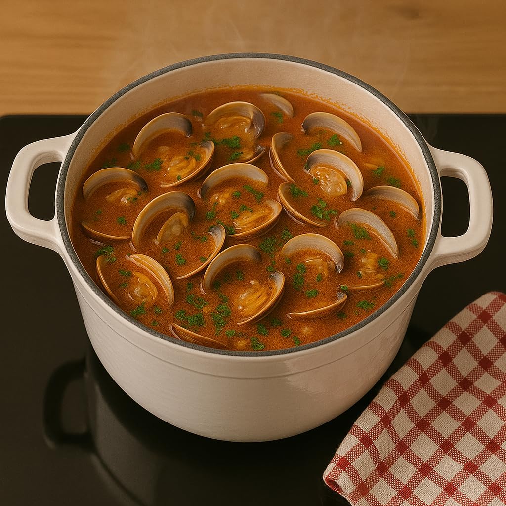 Runder Kochtopf aus Gusseisen mit glasierter Keramikbeschichtung, Cocotte mit Deckel. Gourmet Tools