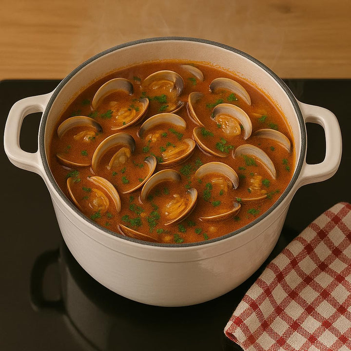 Runder Kochtopf aus Gusseisen mit glasierter Keramikbeschichtung, Cocotte mit Deckel. Gourmet Tools