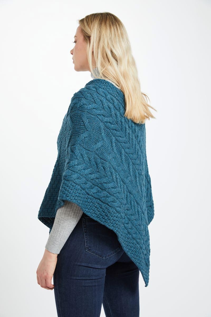 Aran Woollen Mills Superweicher Stilvoll Poncho aus 100% Merinowolle Einheitsgrösse Blaugrün/ein Hau
