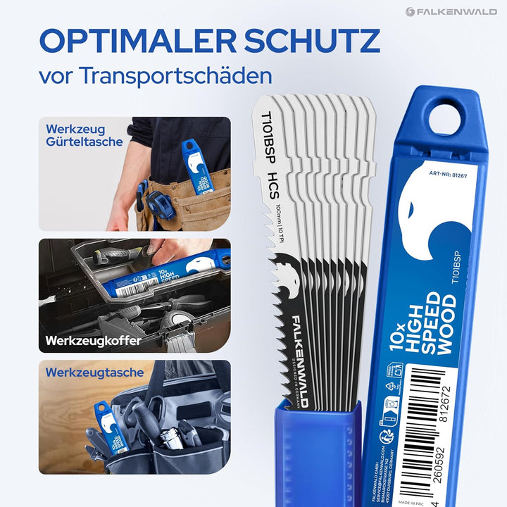FALKENWALD® Stichsägeblätter Holz 10x T101BSP – High Speed Wood - 50mm für schnelle Schnitte - T-Sch