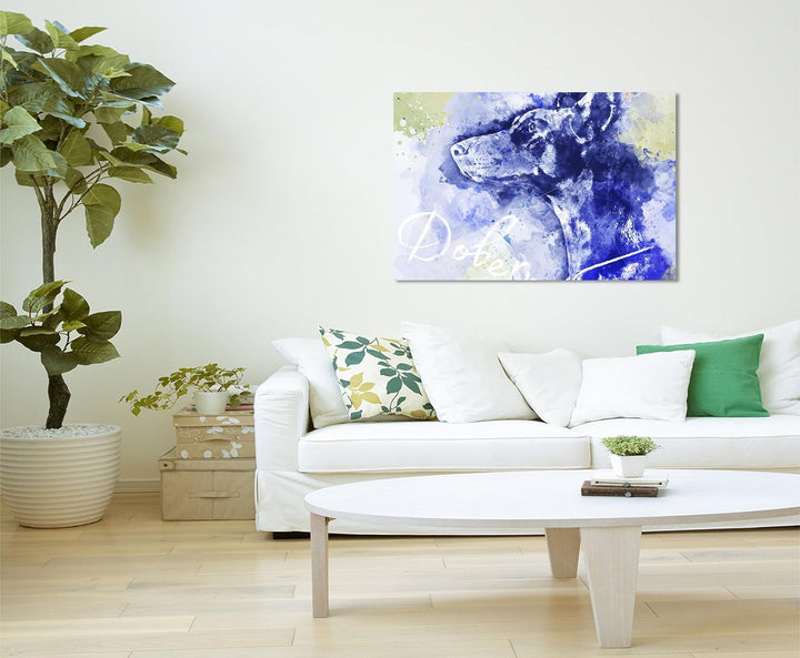 Paul Sinus Art Bild Leinwand 120x80cm Dobermann im Seitenprofil in Blautönen mit Kalligraphie, 120x8