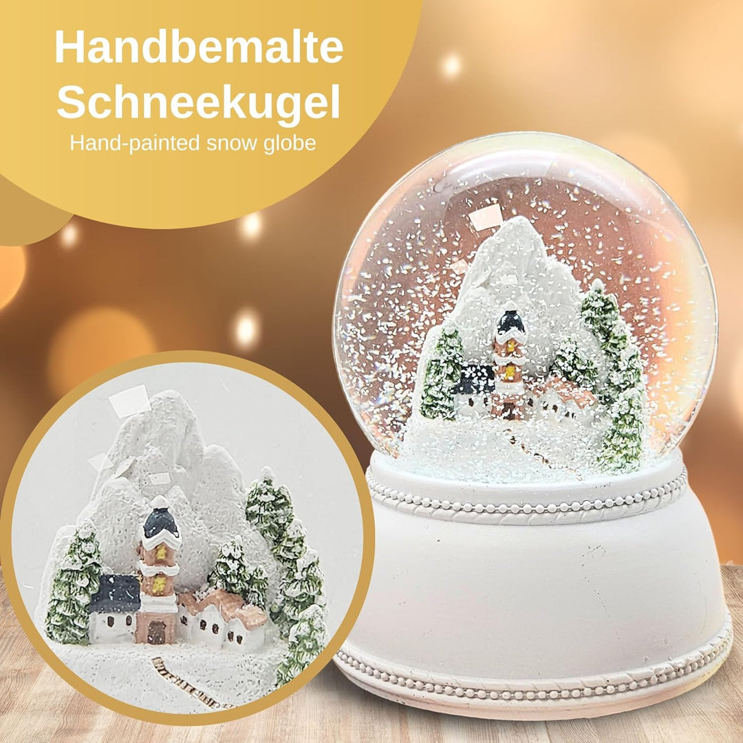 Schneekugel Weihnachten | Bergdorf im Schnee | Sockel weiss kubisch | Höhe: 12cm Breite 10 cm | 2030