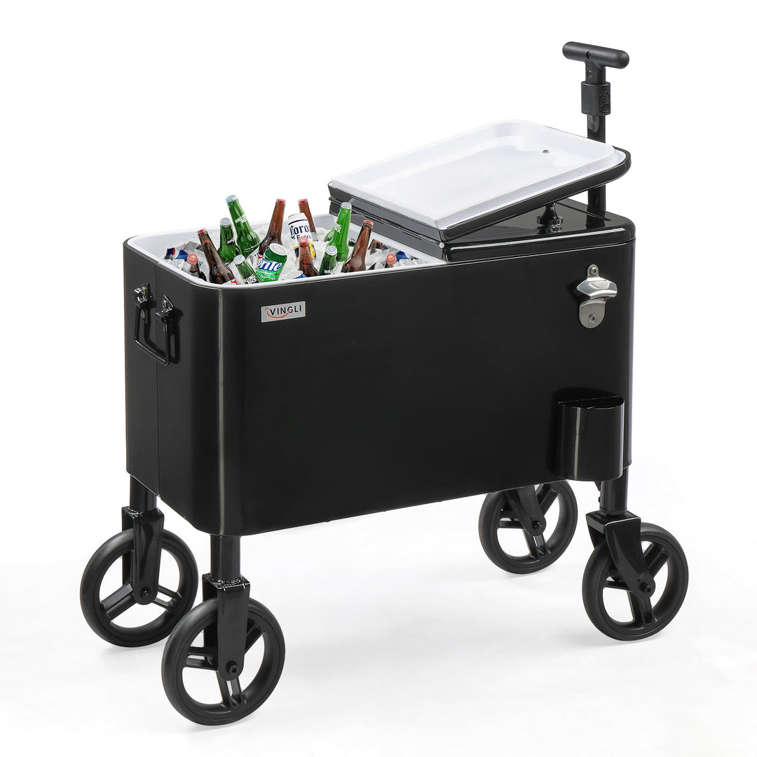 Bonnlo 57L Servierwagen mit Rollen, Getränkekühler – Mobiler Outdoor-Kühlwagen mit langem Griff, Abl
