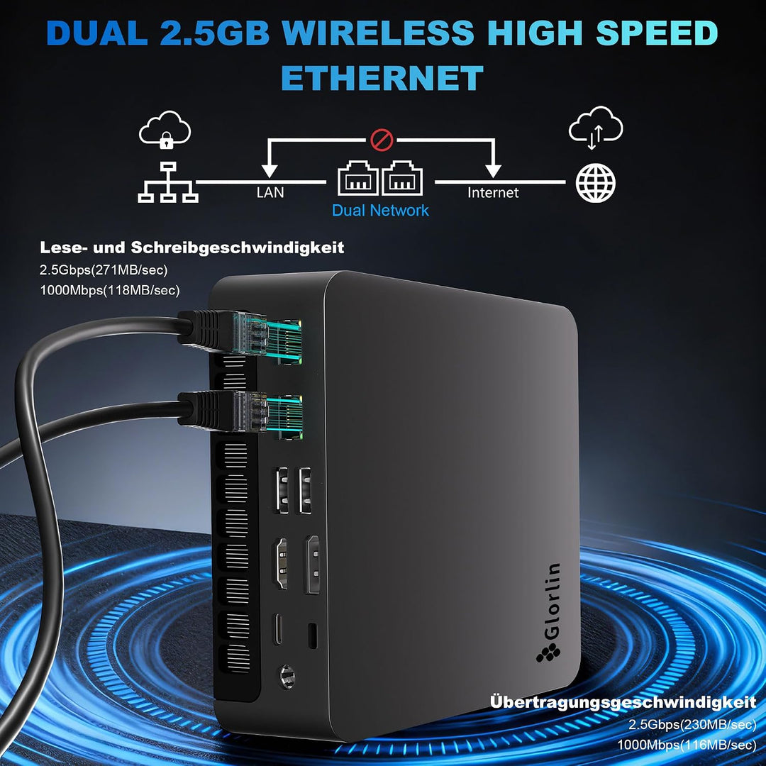 Glorlin Mini PC AMD Ryzen 7 8745HS bis 4.9GHz, Mini Gaming PC 16GB DDR5 1TB M.2 PCIe4.0 SSD, 2X 2.5G