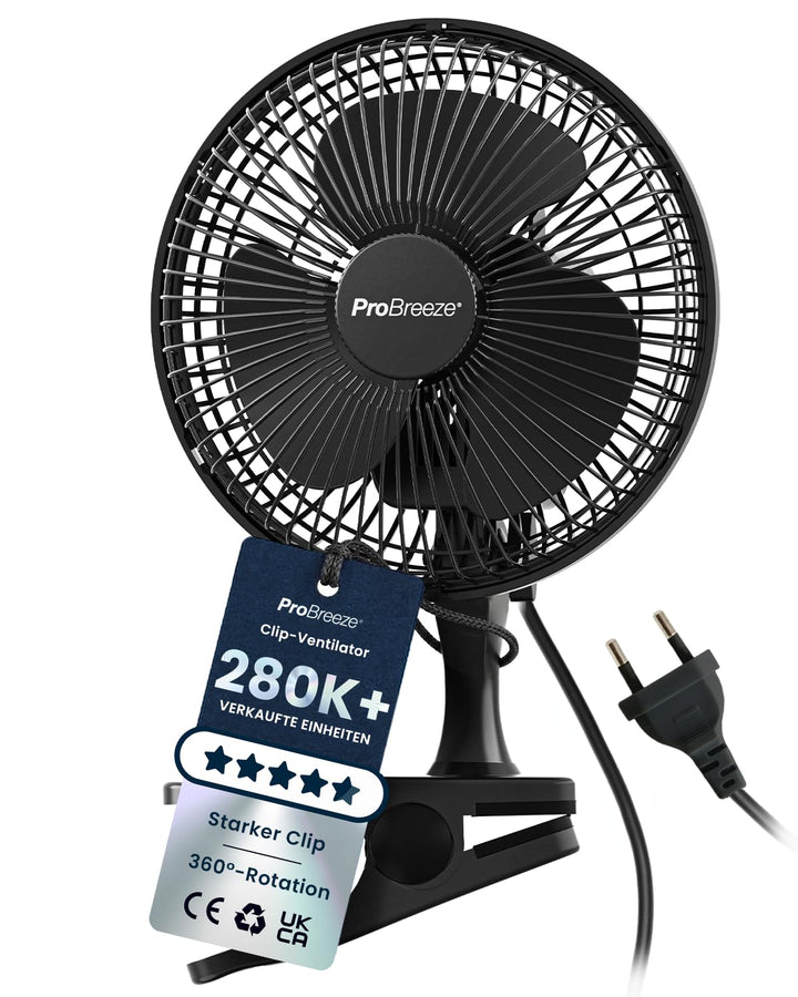 Pro Breeze Mini Ventilator mit Clip - 20 cm Durchmesser, 2 Geschwindigkeitsstufen, starke + stabile