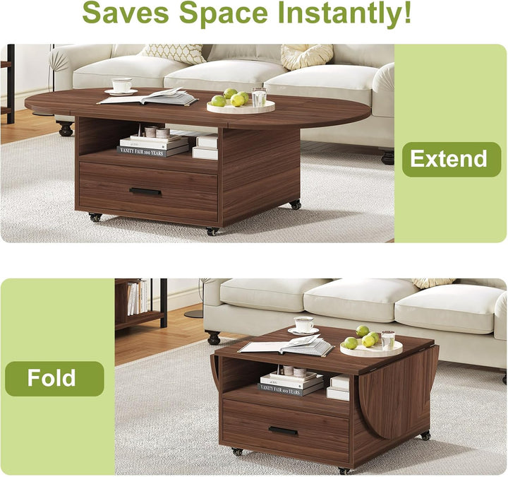 IBF Oval Couchtisch mit Stauraum Holz Wohnzimmer Tisch mit Schublade Klappbarer Couchtisch Für Schla