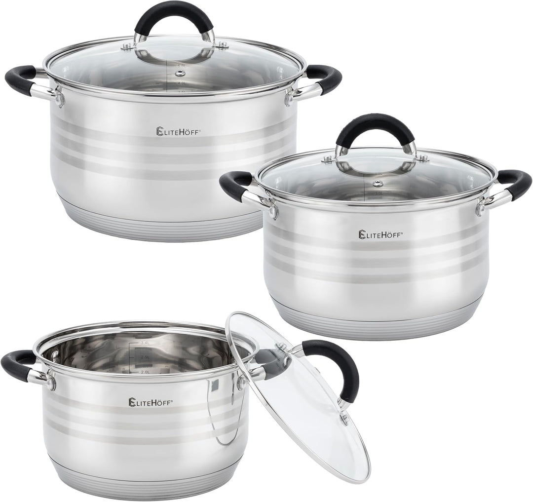 EliteHoff Topfset Induktion 12-teilig, Kochtopf Set mit Glasdeckeln und Silikongriffen, 7-lagiger Ed