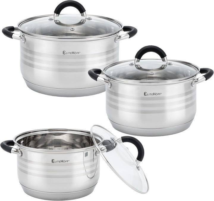 EliteHoff Topfset Induktion 12-teilig, Kochtopf Set mit Glasdeckeln und Silikongriffen, 7-lagiger Ed