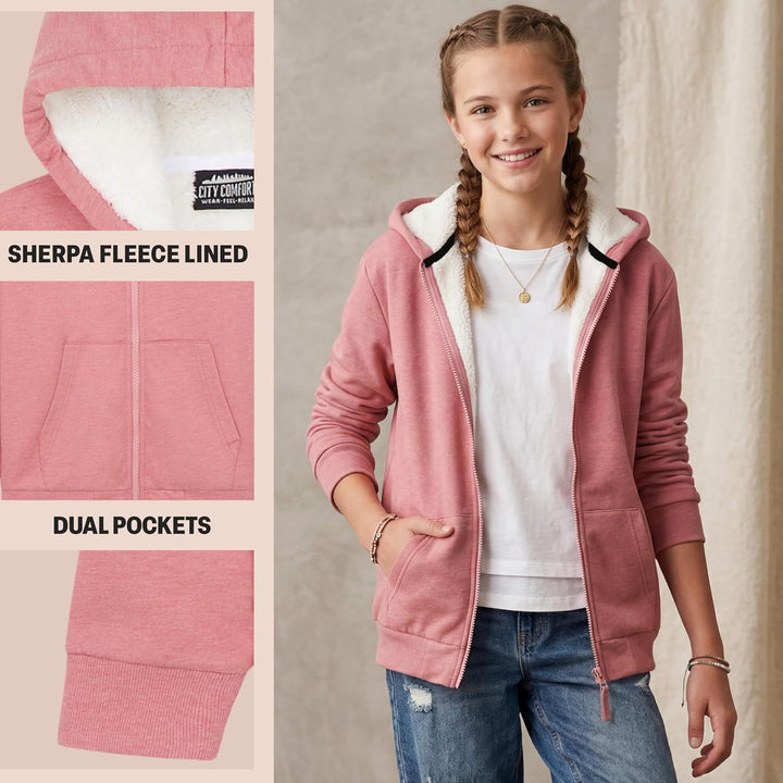 CityComfort Pullover Mädchen mit Fleece-Futter und Kapuze, Fleecejacke Kinder Mädchen Zipper Hoodie