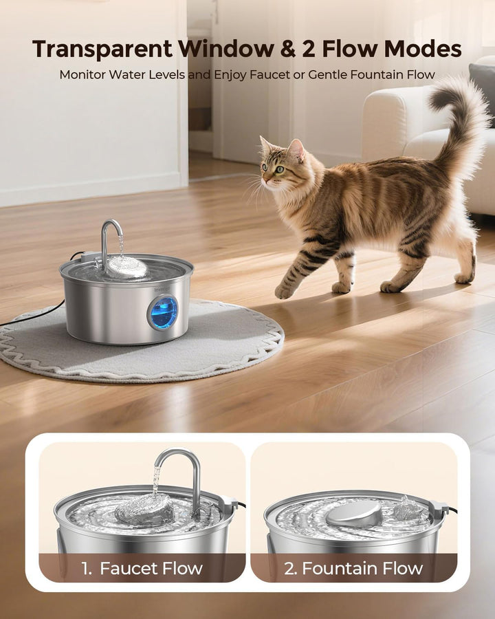 Katzenbrunnen Edelstahl, 3.2L Ultra-Leiser Trinkbrunnen für Katze mit Wasserstandsanzeige und 5-Fach