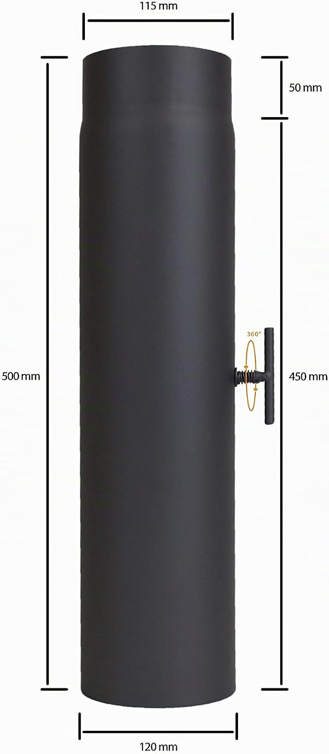 Ofenrohr 500 mm Verlängerung mit Drosselklappe - im Durchmesser Ø 120 mm - Farbe: schwarz - Rauchroh