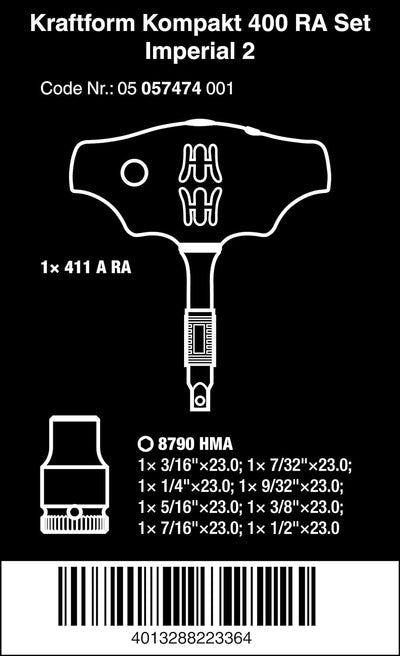 Wera 05057474001 Kraftform Kompakt 400 RA Imperial Set 2, Quergriff-Adapterschraubendreher mit Ratsc