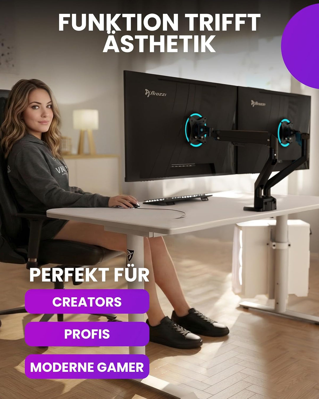 Arozzi Alzare Neo Duo Monitorarm mit Gasfeder - 2 Arme, für 43–86 cm Monitore, VESA 75/100, 360° dre