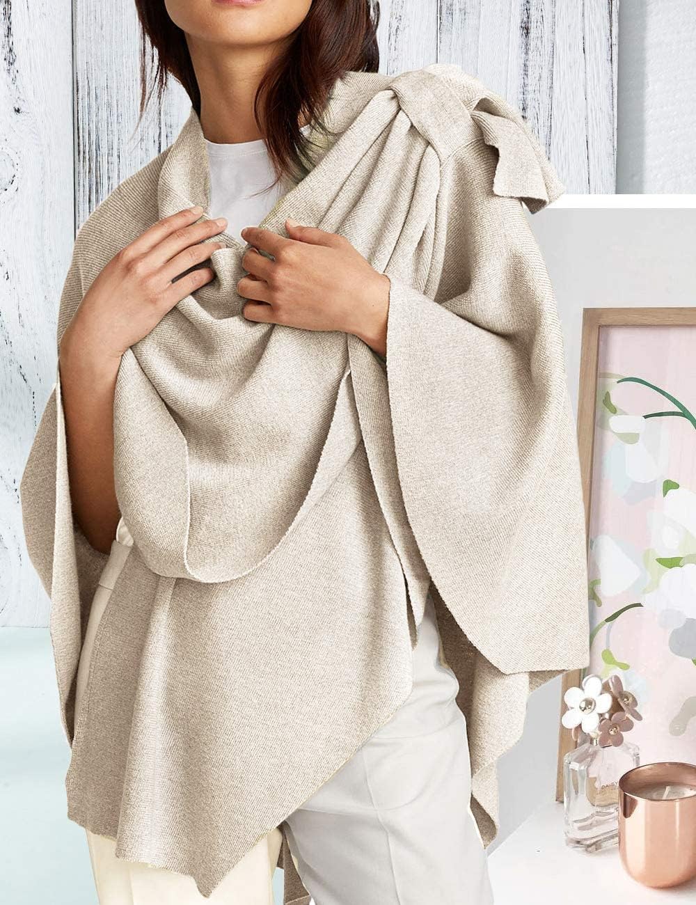 PULI Damen Poncho Schal Cashmere Feeling Strick Cape Cardigan Für Frauen Geschenk Für Mutter Beige E