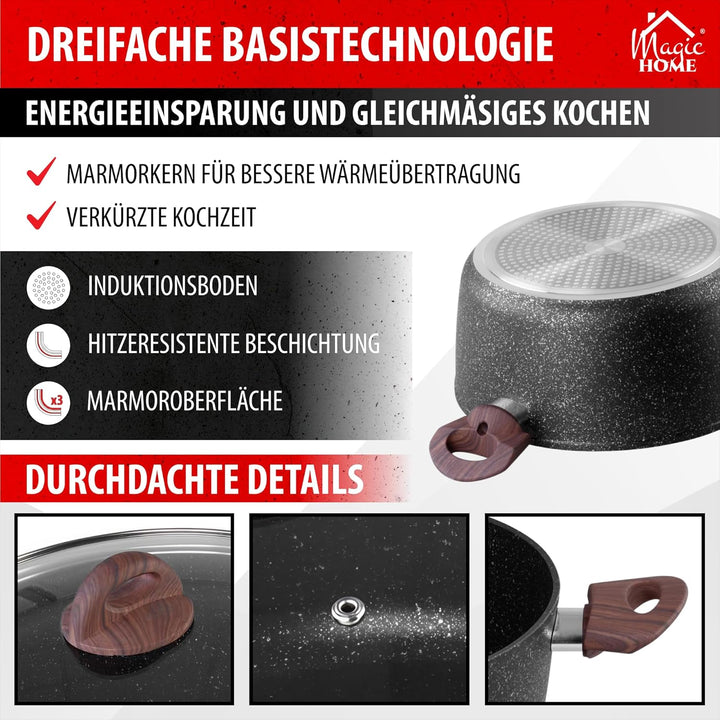 MAGIC HOME Aluguss Topf 24 cm INDUKTION | Marmor Antihaft | Kleiner Beschichteter Kochtopf mit Glasd