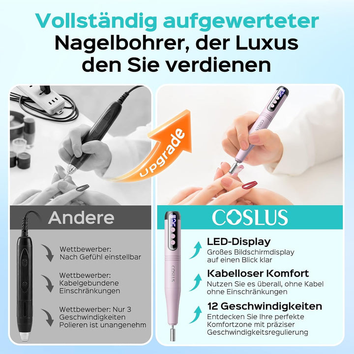 COSLUS C50 Nagelfräser Kabellose Elektrische Nagelfeile: 12-stufiger Nagelfräser mit LED-Display für