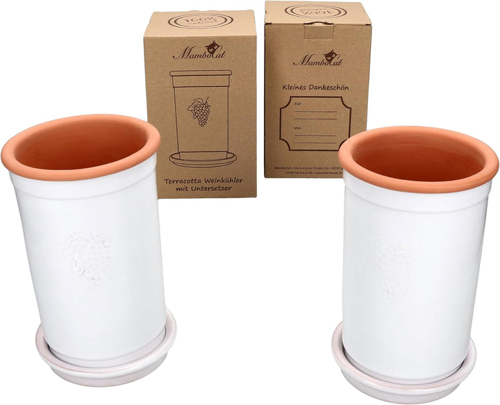 MamboCat | 2er Set Ton-Weinkühler + Untersetzer weiss lasiert I Ø 12,5 cm I H 21 cm I Flaschen-Kühle