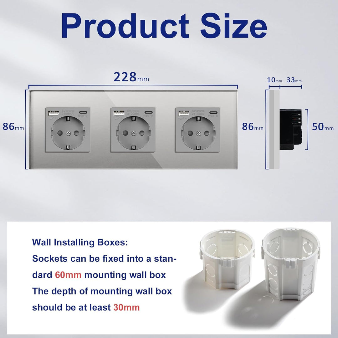 BSEED Triple Schuko Wand Steckdose mit USB & Typ C Glas 3 in 1 Unterputz Steckdosen 3 Weg mit 2.1 A