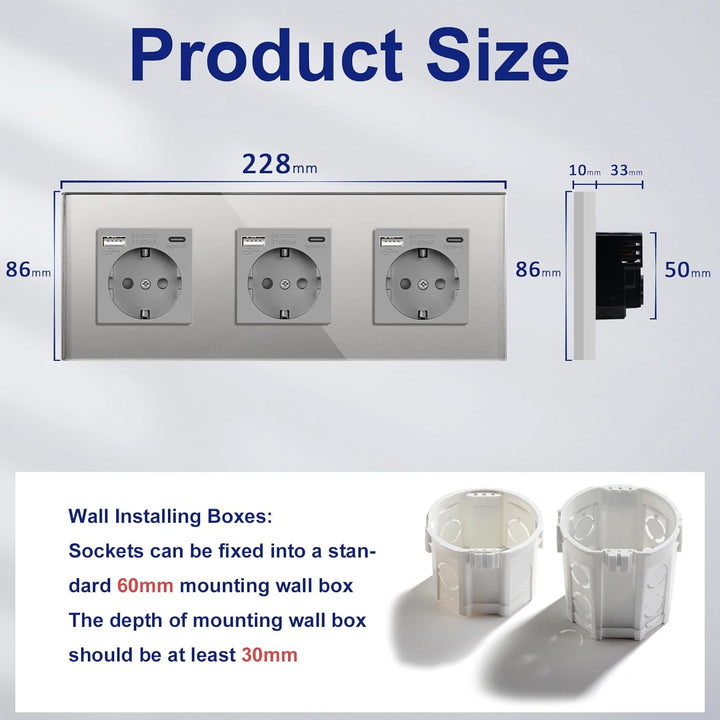 BSEED Triple Schuko Wand Steckdose mit USB & Typ C Glas 3 in 1 Unterputz Steckdosen 3 Weg mit 2.1 A