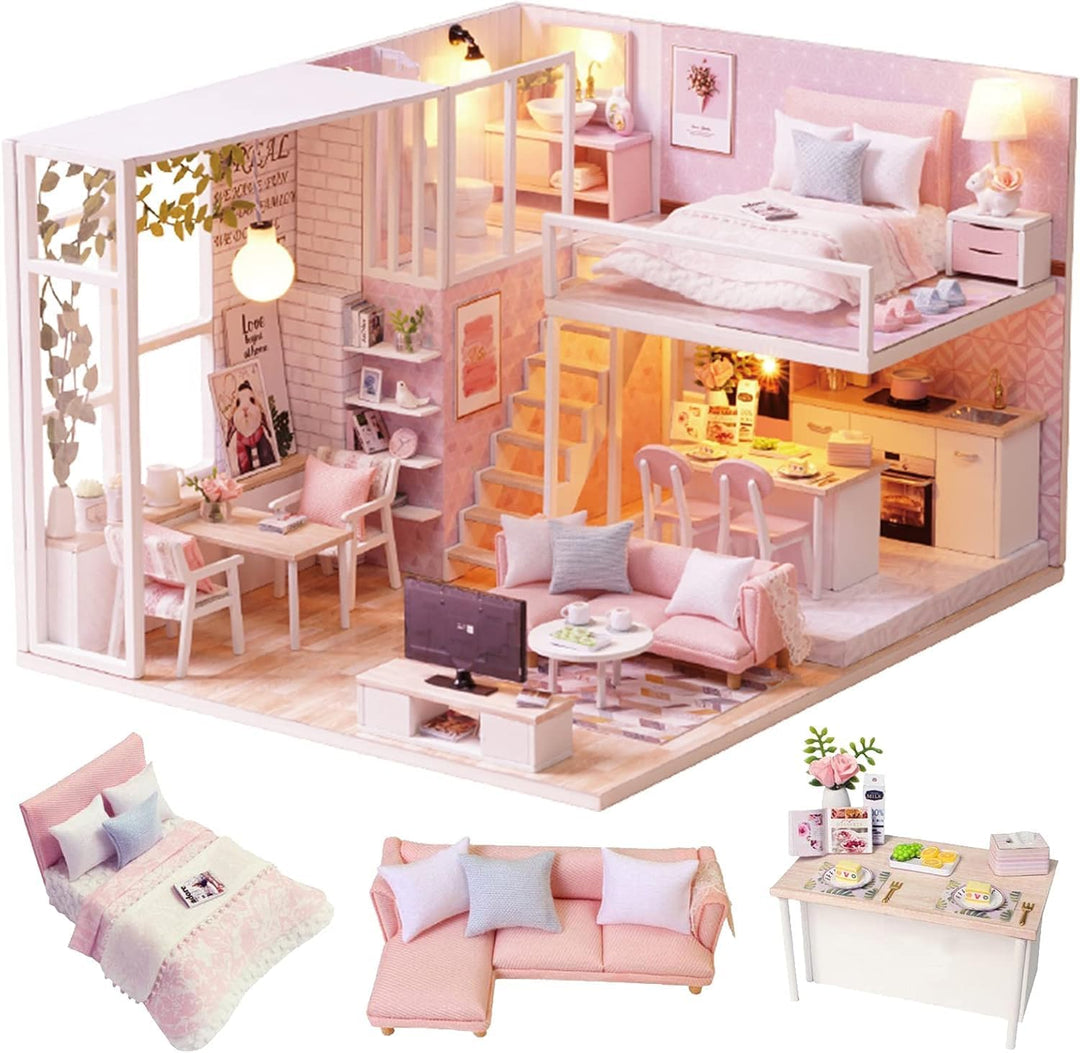 CUTEROOM DIY Miniatur Schaalmodel Kits mit Möbeln,DIY hölzernes -Kit mit Musik-Bewegung und LED Lich