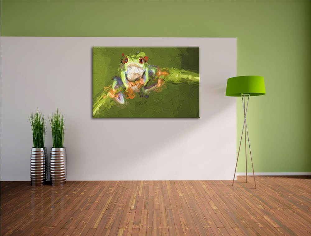 Pixxprint Baum-Frosch auf Bambus Kunst Pinsel Effekt, Format: 100x70 auf Leinwand, XXL riesige Bilde