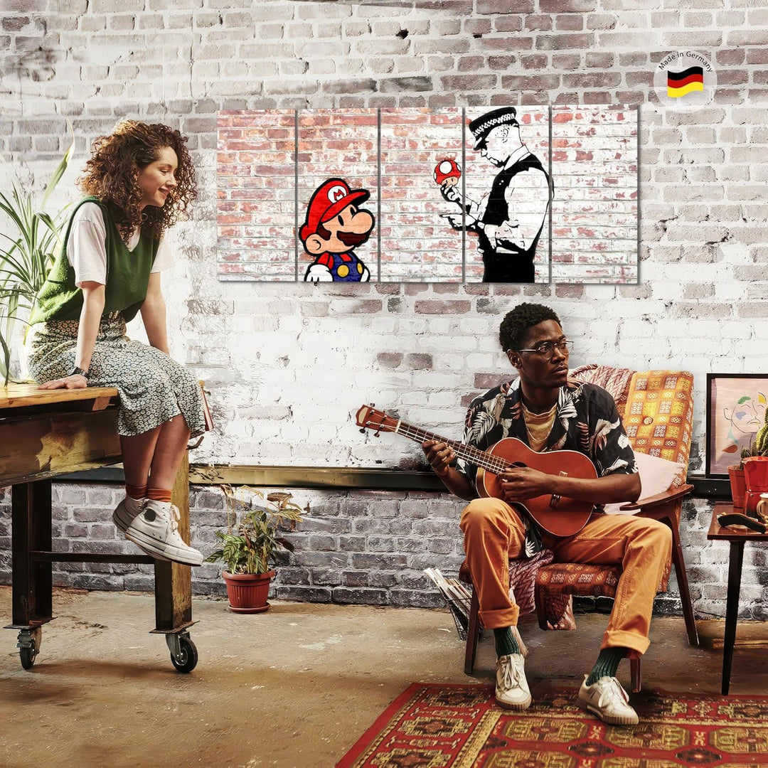 Runa Art Wandbild XXL Mario and Cop Banksy Jugendzimmer Wohnzimmer 200 x 80 cm Braun Bunt 5 Teilig -