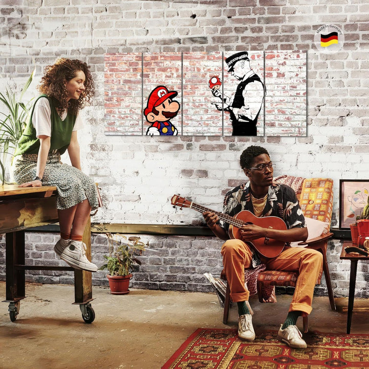 Runa Art Wandbild XXL Mario and Cop Banksy Jugendzimmer Wohnzimmer 200 x 80 cm Braun Bunt 5 Teilig -