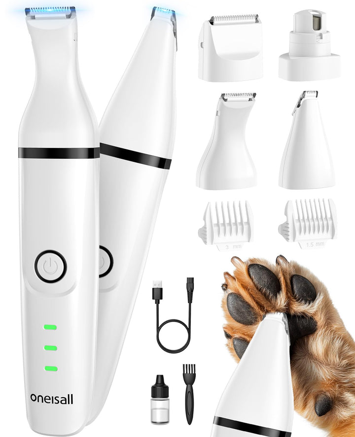 oneisall 4 in 1 Leise Schermaschine Hund Katze, Wiederaufladbar Hundeschermaschine & Pfotentrimmer &