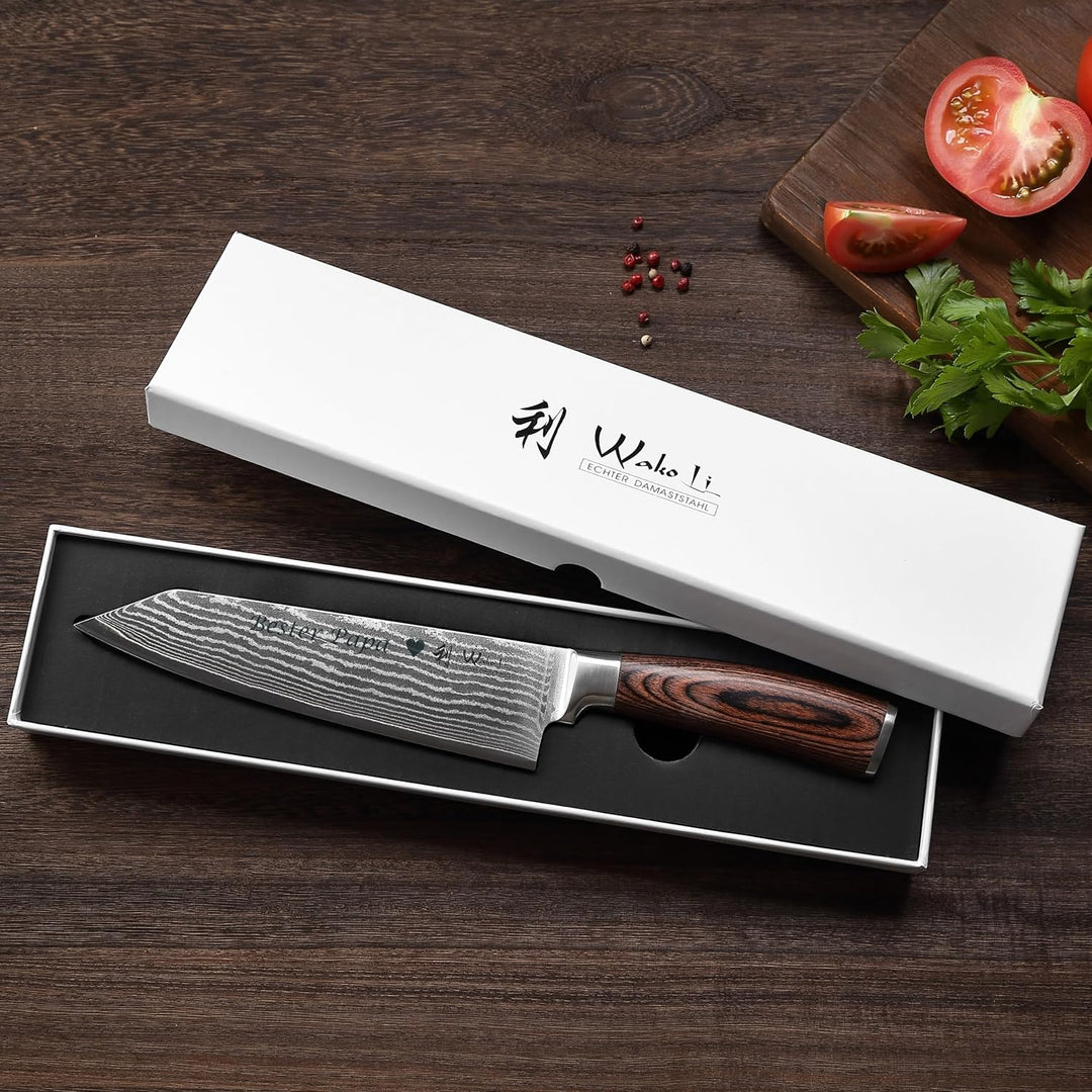 Wakoli EDIB Damast Chefmesser Kiritsuke mit Gravur – Personalisiertes Messer, 20cm Klinge aus 67 Lag