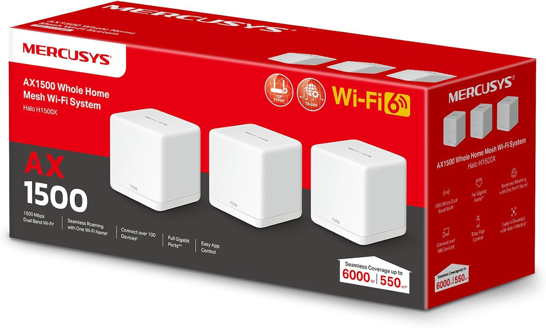 Mercusys Halo H1500X Wi-Fi 6 Mesh WLAN Set (3er Pack), AX1500 Dual Band Router & Repeater, Gigabit-P