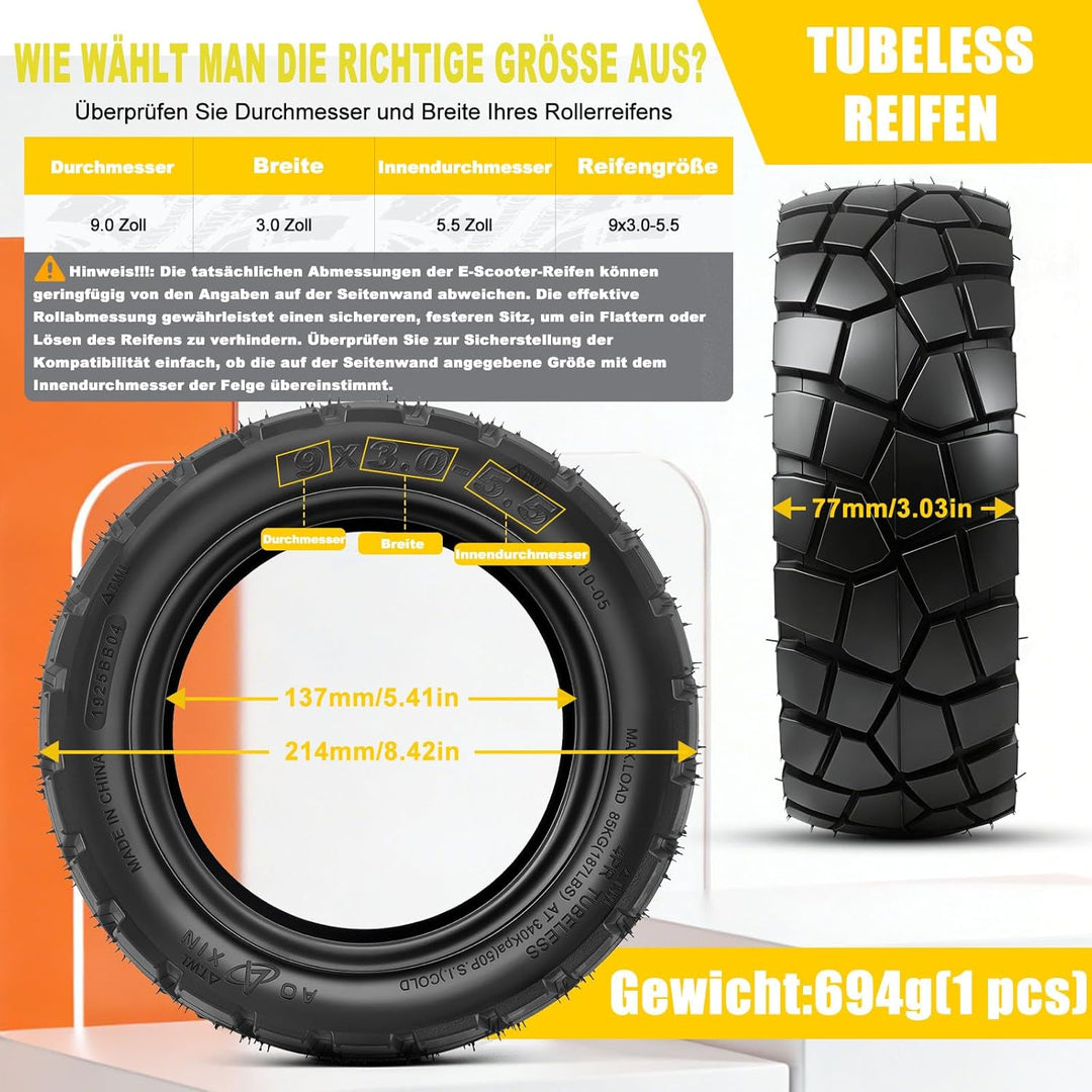 9x3.0-5.5 Reifen Tubeless Offroad für Kukirin G2 PRO Reifen 9.0x3.0-5.5, 9 Zoll All Terrain E Scoote