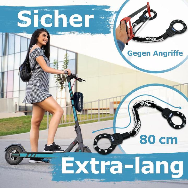 WIDDER Sicheres Handschellenschloss [80cm lang, 4 Schlüssel, 8mm Massiv Stahl] E Scooter Schloss mit