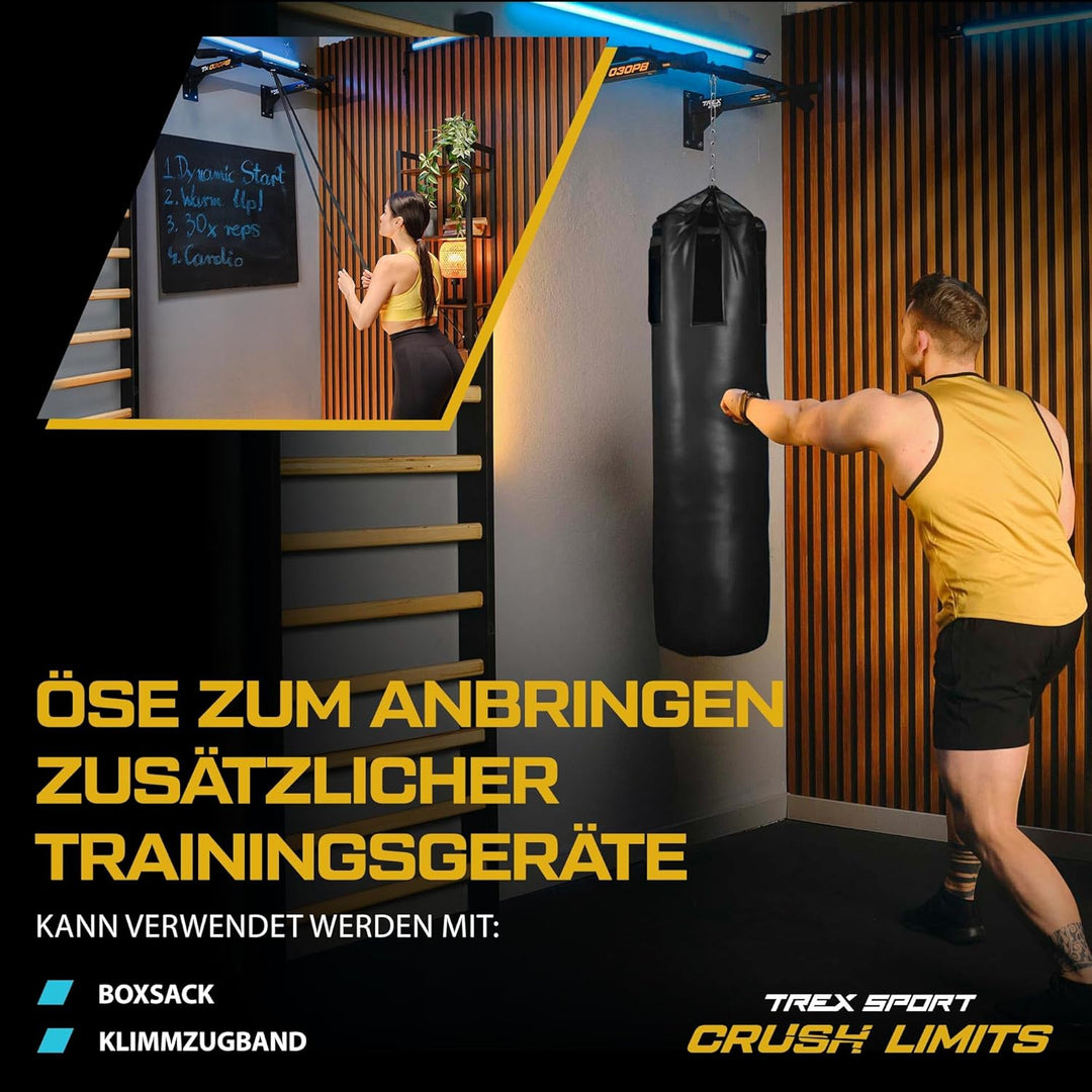 TREX SPORT Klimmzugstange zur Wandmontage TX-030PB| 6 rutschfeste Griffe, Öse für Boxsack | Pull Up