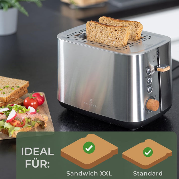 WALDWERK Design Toaster - aus 304 Edelstahl und Eichenholz - für 2 Scheiben - mit Brötchenaufsatz -