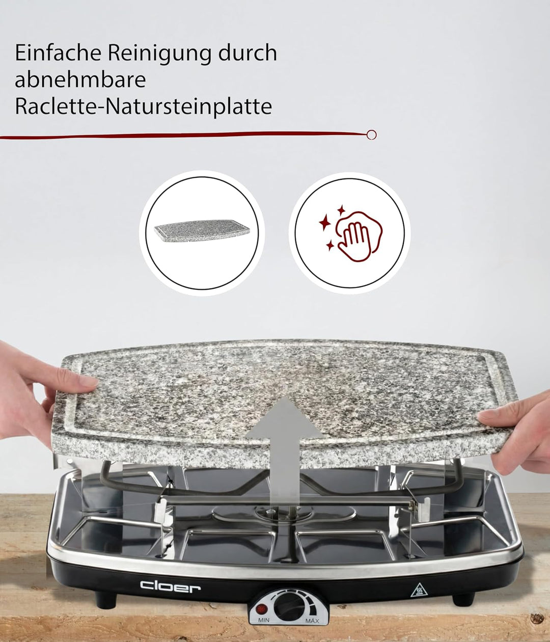 Cloer 6430 Raclette-Grill mit Naturstein, (1200 Watt, 8 Pfännchen antihaftbeschichtet mit wärmeisoli