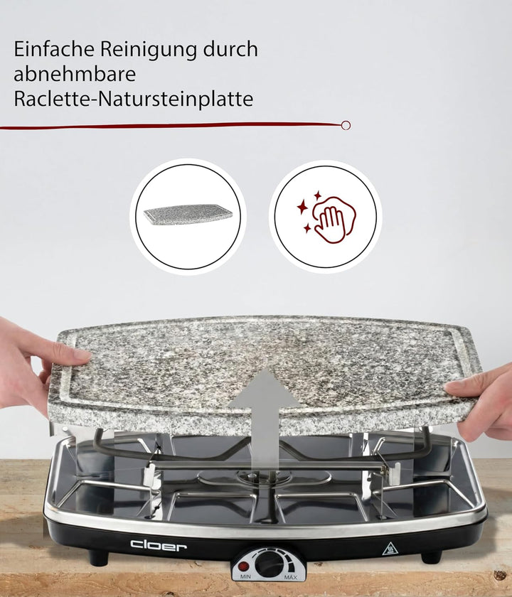 Cloer 6430 Raclette-Grill mit Naturstein, (1200 Watt, 8 Pfännchen antihaftbeschichtet mit wärmeisoli