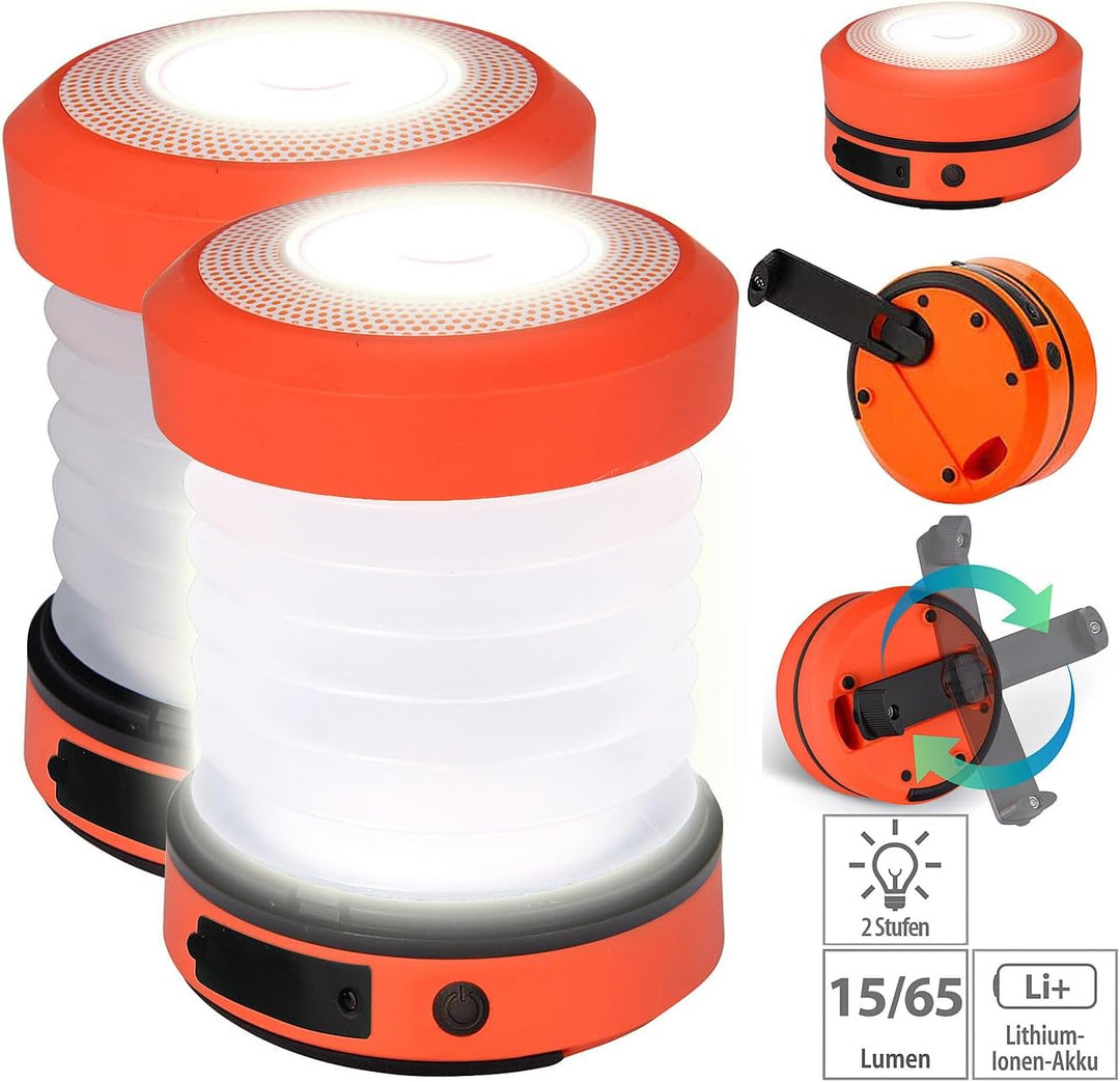 Semptec Urban Survival Technology Dynamo Campingleuchte: 2er-Set Dual-Teleskop-LED-Campinglampe mit