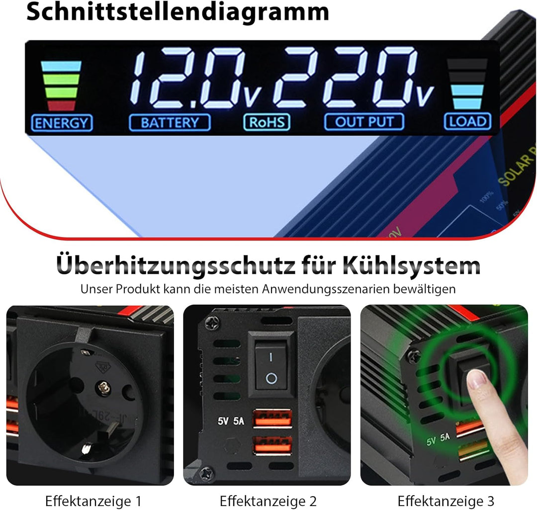 Wechselrichter Spannungswandler DC 12V / 24V auf AC 230V Modifizierte Sinuswelle Inverter 2000W mit