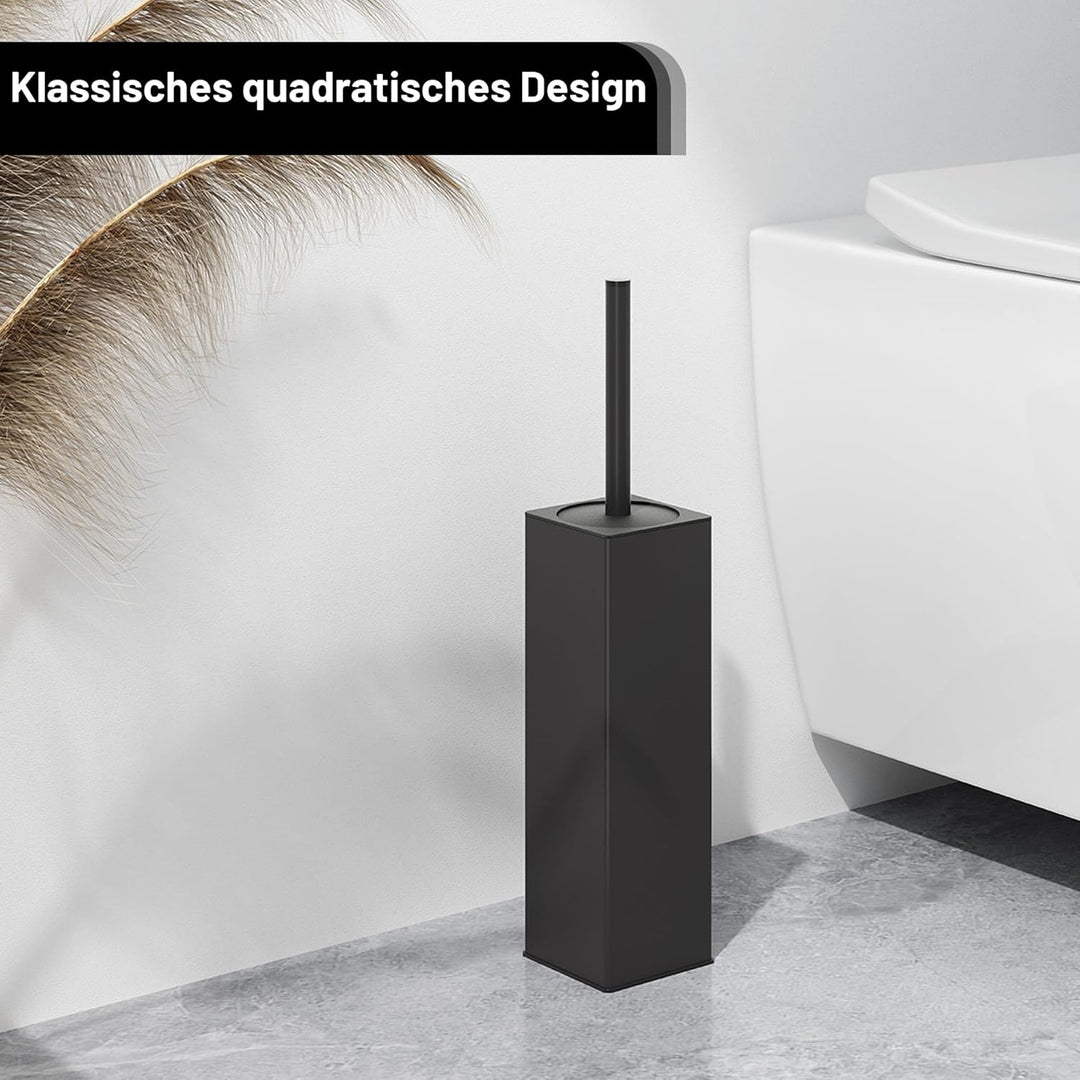 BVL WC Bürsten & Halter Schwarz, Metall Toilettenbürste Inklusive 2 Bürstenköpfe, Freistehende Quadr