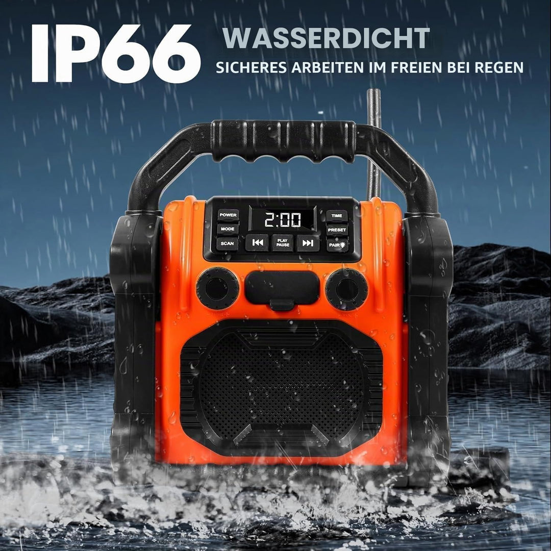 Jobsite Radio Bluetooth Speaker, 30W IPX 66 wasserdichter FM-Rundfunkuhr mit LED-Lichtern, Anti-Koll